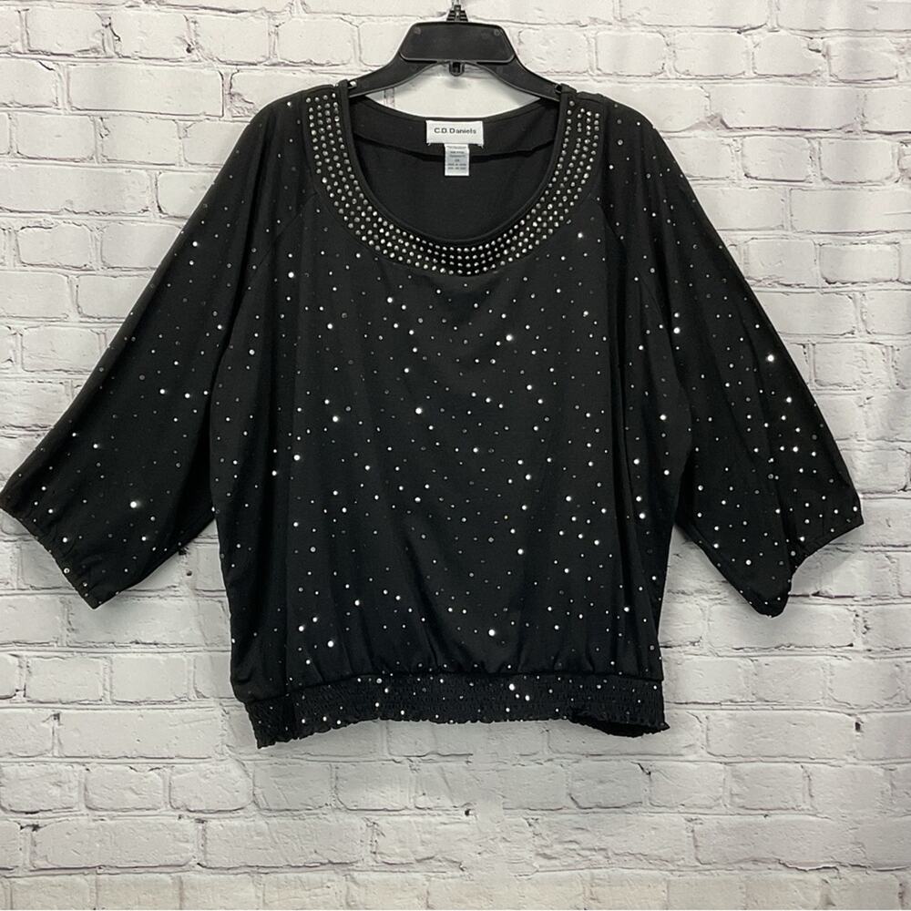 C.D. Daniels Plus Size Top Women's 3x Black Sequin Embellished Pullover Smocked